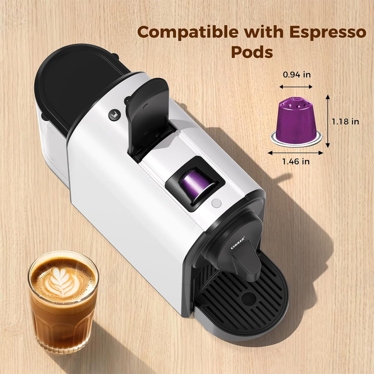 CHULUX Mini Espresso Machine for Nespresso Pod, 20 Bar Single Serve Coffee Maker, 1400W, White