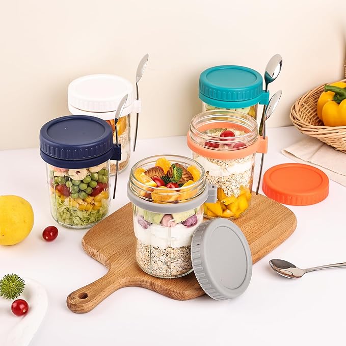 YUNCANG 6 Pack 16oz Overnight Oats Containers with Lids and Spoons, Glass Mason Overnight Oats Jars, Large Capacity Airtight Jars for Milk, Cereal, Fruit