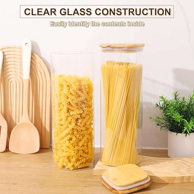 Glass Food Storage Jars with Lids(76oz)Square Set of 3 ,Glass Storage Containers Clear Glass Food Canister with Bamboo Lid Airtight For Serving Tea, Coffee Beans, Flour,Cookie, Cereal,Spice and More