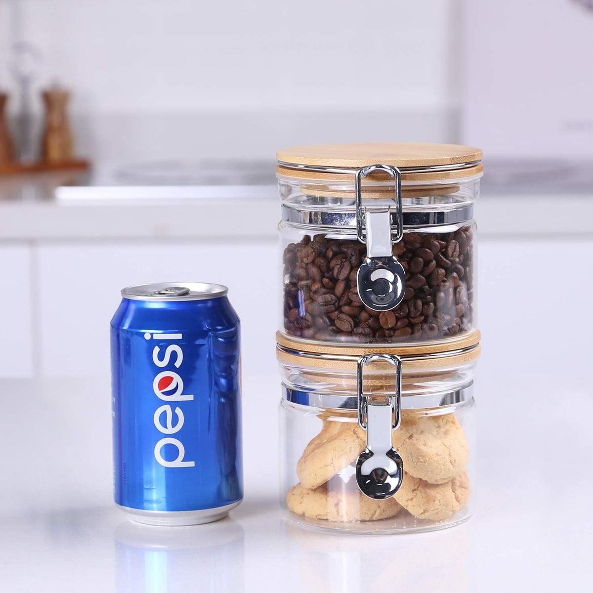 KKC HOME ACCENTS Clear Borosilicate Glass Storage Jars with Airtight Locking Clamp Lids,Glass Jar Canisters,Sealed Glass Jars with Bamboo Lid,Air tight Brown Sugar Salt Container,15 Fluid-oz