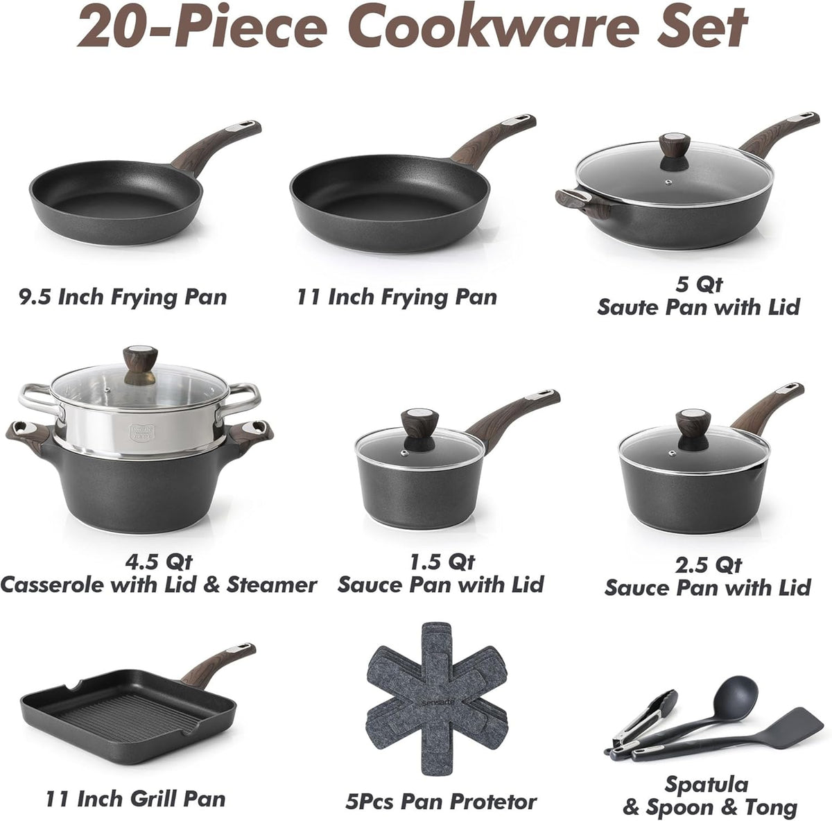 SENSARTE Pots and Pans Set Nonstick, 20 Pcs Induction Cookware Sets, Non-toxic Healthy Non Stick Kitchen Cooking Set with Stay-Cool Handles, PFOA PFOS Free, Black