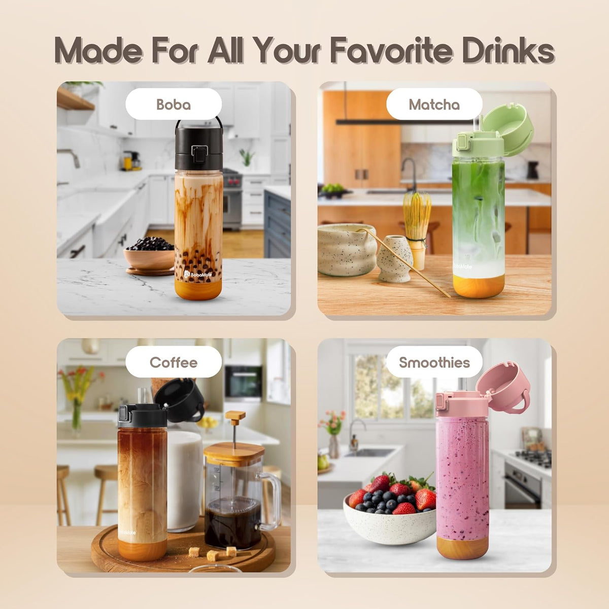 BobaMate® 25 oz Reusable Boba Cup & Tumbler with Lid, Straw, & Handle – Iced Coffee, Smoothie, Iced Matcha Cup – Spill-Proof, Shatter-Resistant, BPA-Free – Boba