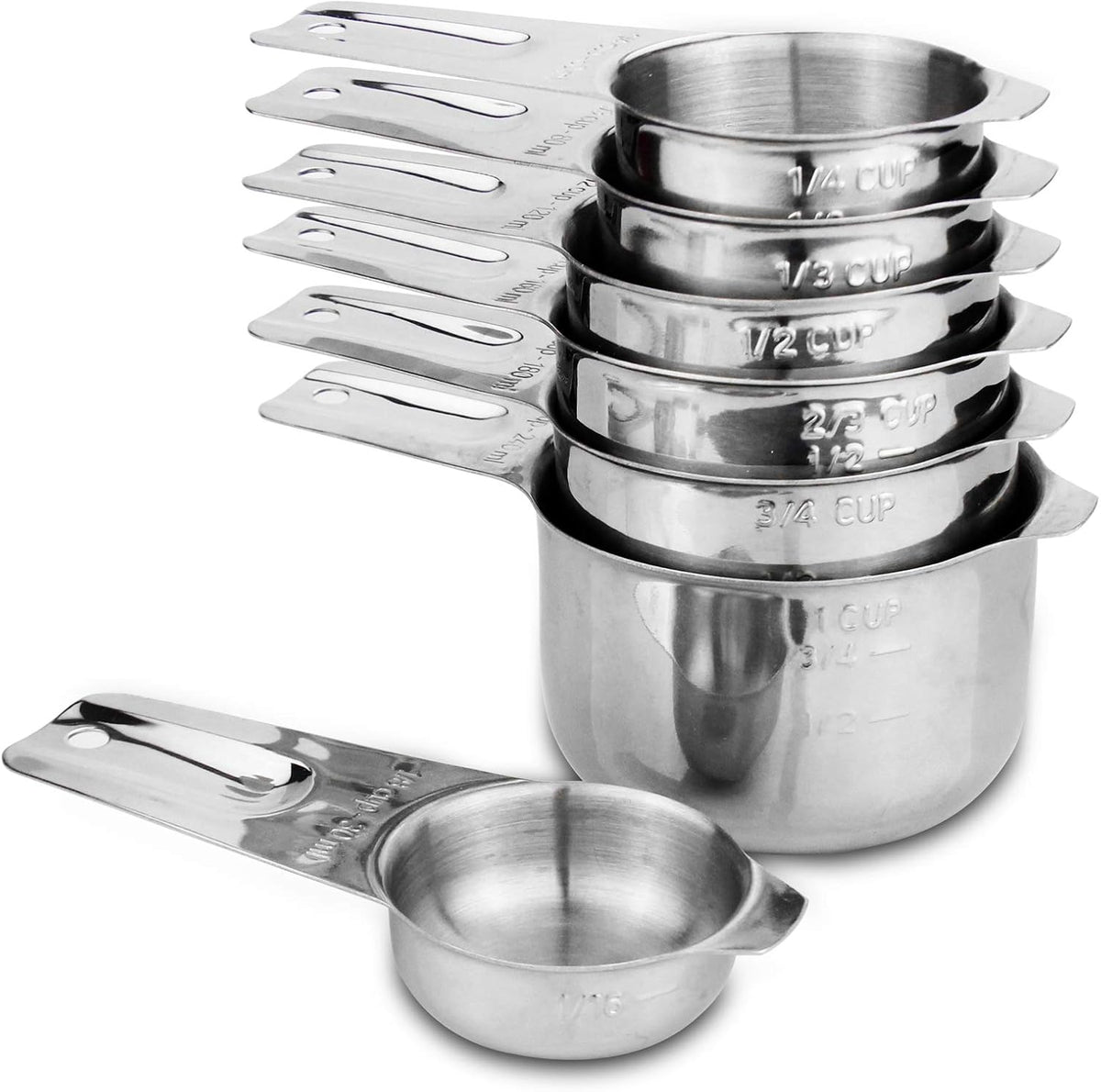 Set of 7 Heavy Duty Measuring Cups, 18/8 Stainless Steel with Ring Connector, Silver