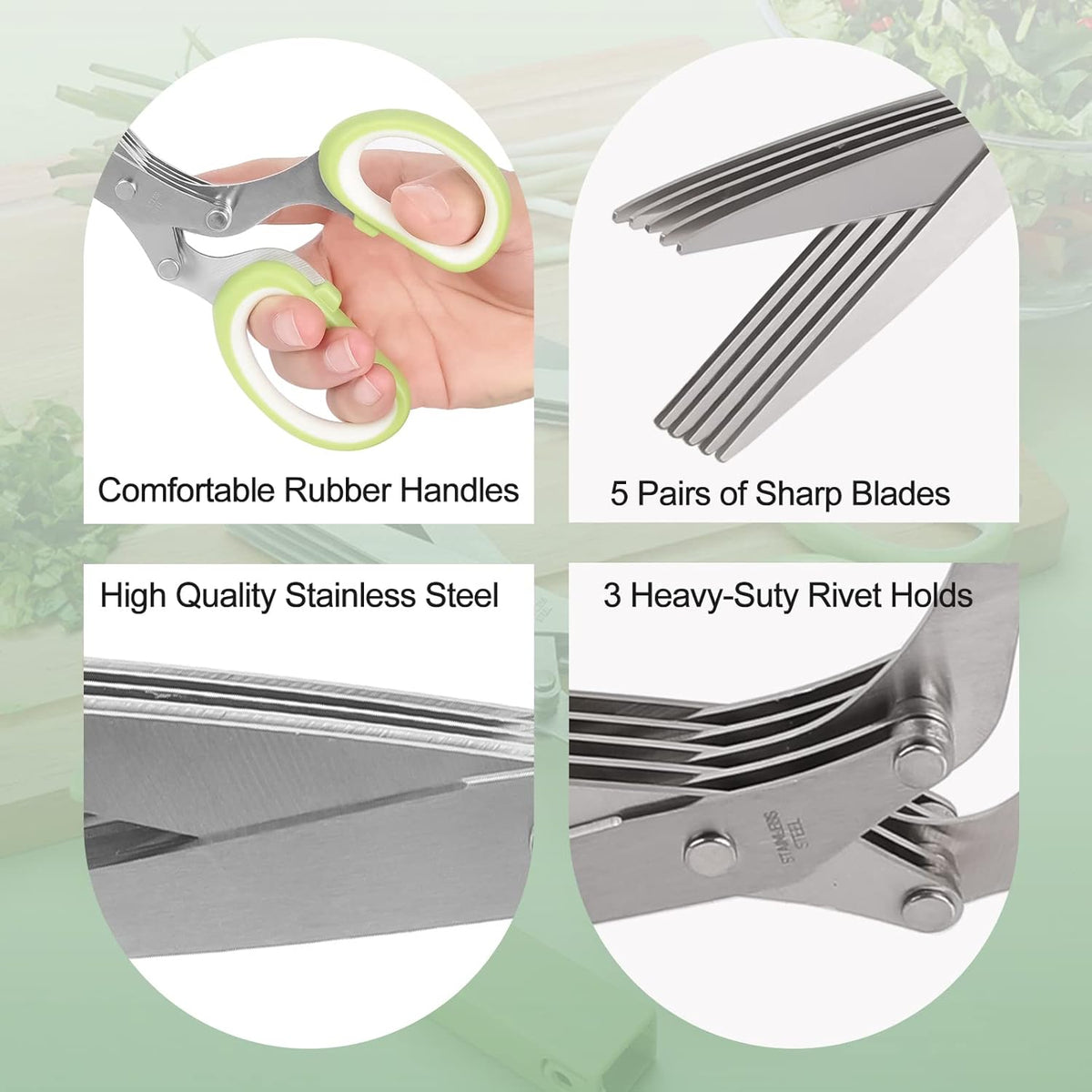 Herb scissors, Multipurpose Cutting Shears with 5 Blade Kitchen Salad Scissors, Safety Cover and Cleaning Comb for Chopping Cilantro Onion Basil Chive Parsley, Green