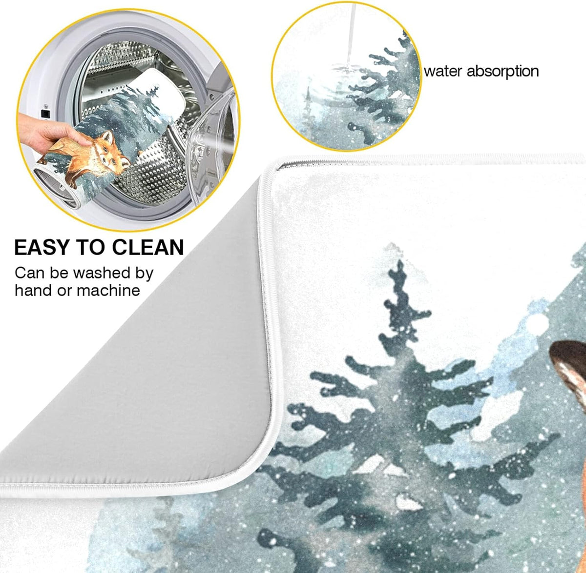 Super Absorbent Dish Drying Mat, Microfiber Fast-Drying Dish Mat, 16" x 18", Kitchen Dish Drying Pad, Watercolor Cute Fox Winter Christmas