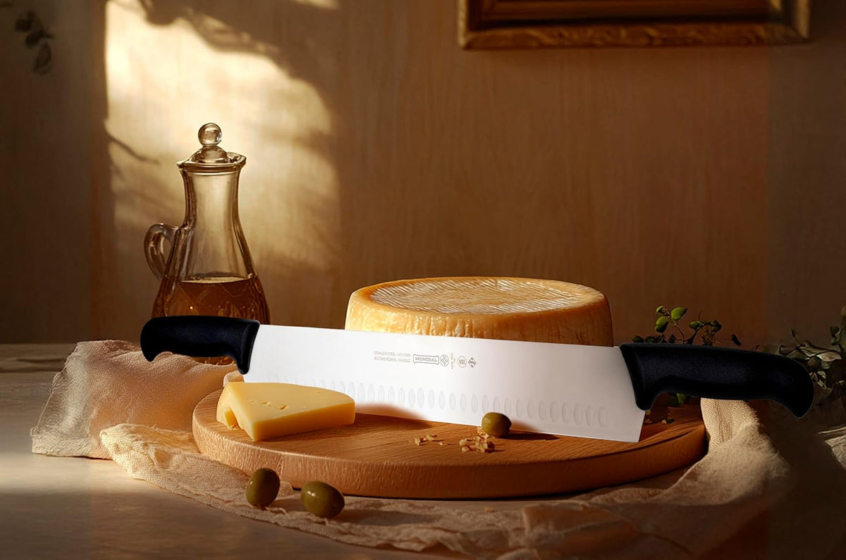 Mundial 16-Inch Carbon Stainless Steel Cheese Slicer Knife – Double Handle, Granton Edge for Non-Stick Cutting, Includes Safety Sleeve Protector, Ideal for Blocks of Cheese