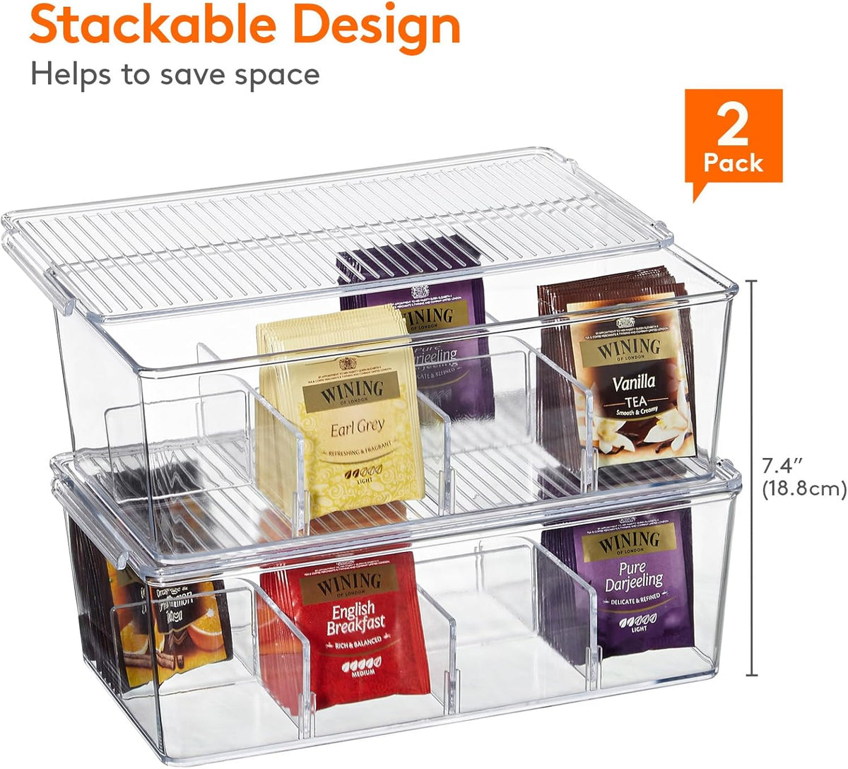 Lifewit 2 Pack Plastic Stackable Tea Bag Organizer, Divided Storage Bin Box for Kitchen Cabinets, Countertops, Pantry, Hold Coffee Pods, Sugar Packets, Condiments, 8 Sections