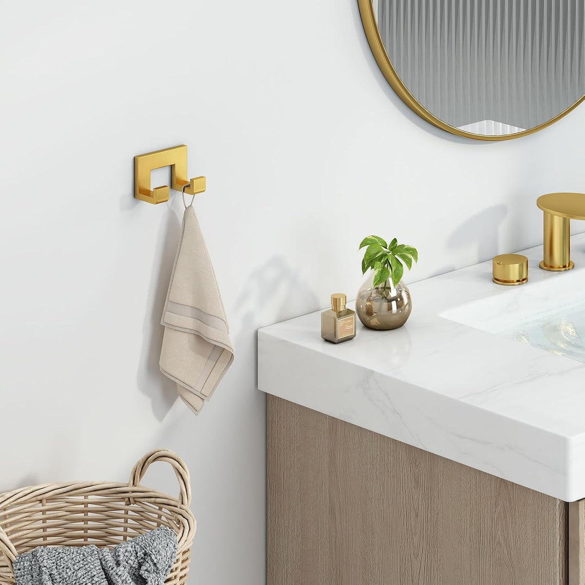 Angle Simple Towel Hook, SUS 304 Stainless Steel Wall Coat Hook, Bathroom Double Hand Towel Holder, Brushed Gold