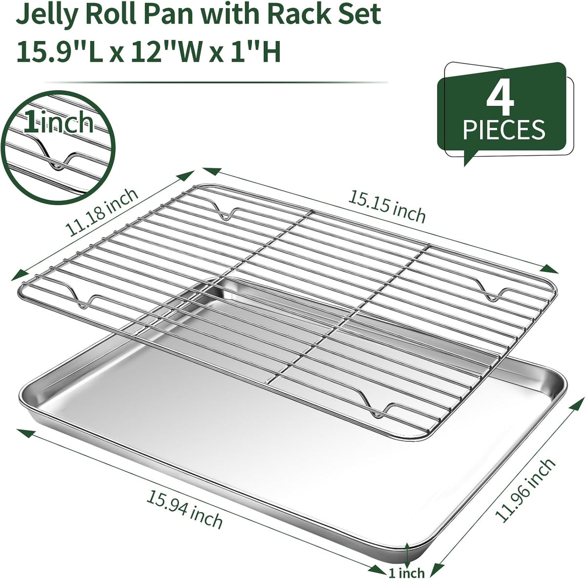 CEKEE Baking Sheet and Cooling Rack Set (2 Baking Pans + 2 Baking Racks), Stainless Steel Cookie Sheet Baking Pan Tray for Toaster Oven, Non Toxic & Heavy Duty & Easy Clean, Size 16 x 12 x 1 Inches