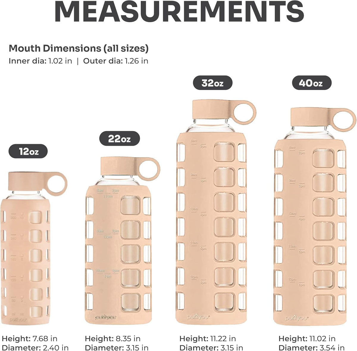purifyou 40oz / 32oz / 22oz / 12oz Borosilicate Glass Water Bottle with Time & Volume Markers, Silicone Sleeve, Stainless Steel Lid – Reusable Glass Bottle for Water & Juice (32oz Hazelnut)