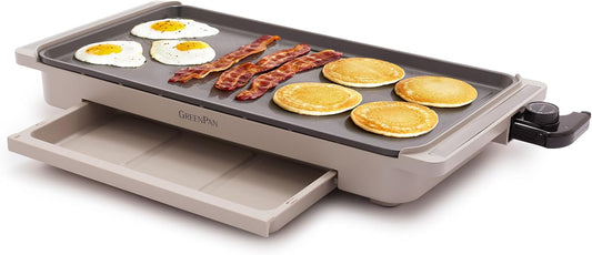 GreenPan Advanced 10.5”x 20” Electric Griddle with Warming Drawer, Healthy Ceramic Nonstick PFAS-Free Coating, Temperature Control, Easy and Versatile Countertop Meals, Dishwasher Safe, Clay