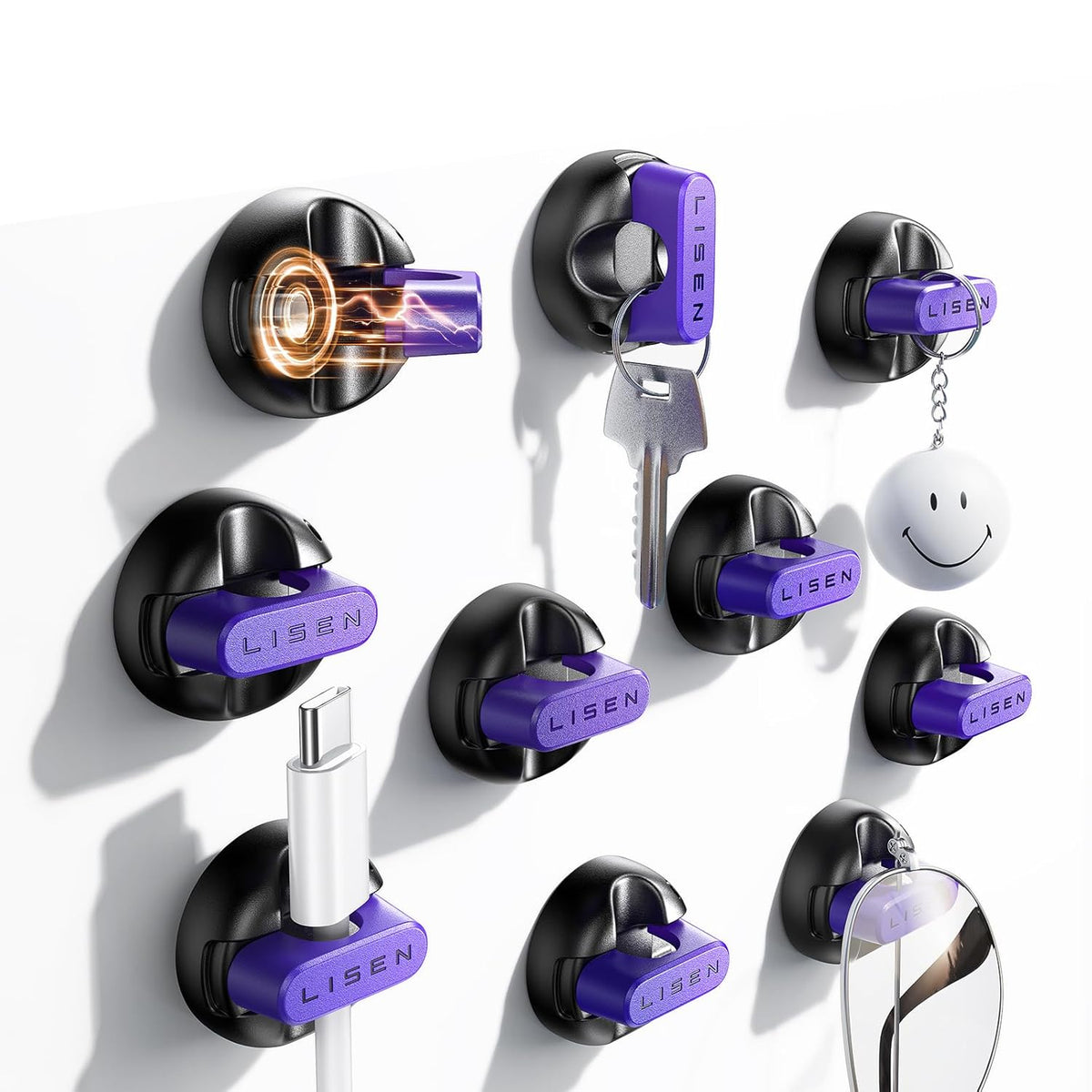 10-Pack Magnetic Cable Clips [1S Snap-On] Cord Holder, LISEN Office Desk Organizers and Accessories with 5 Extra Strong Adhesive Pads, Wire Organizer for Nightstand, Home, Wall, Car, Desktop, Purple