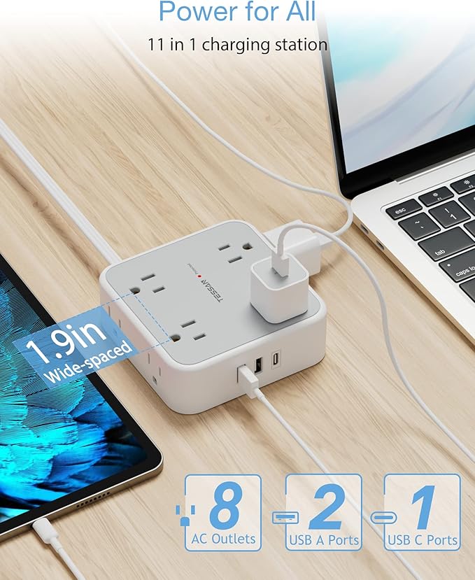 TESSAN Surge Protector Power Strip 15 Ft Cord, 8 Widely Spaced Outlets, 3 USB Charger(1 USB C Port), Ultra Thin Flat Plug Extension Cord 15 Feet, 900J Surge Protection for Home, Dorm Room Essentials