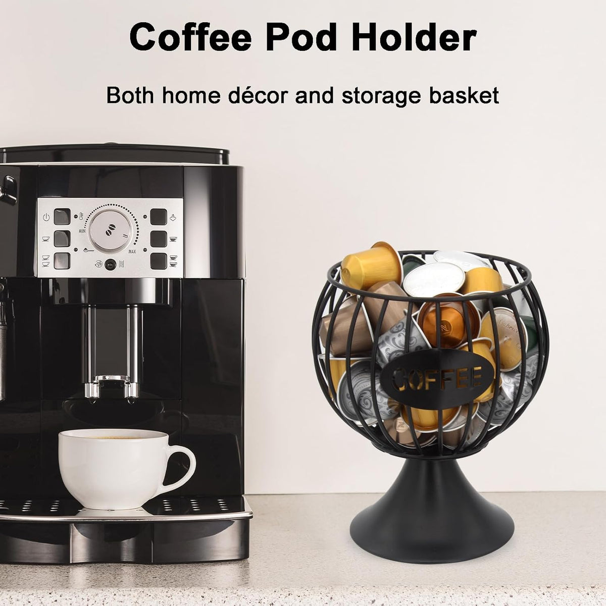 K Cup Holder and Pod Storage Organizer for Counter - Metal Basket for Keuring Pods, Coffee Bar Decor, Capsule and Creamer Organizer - Black