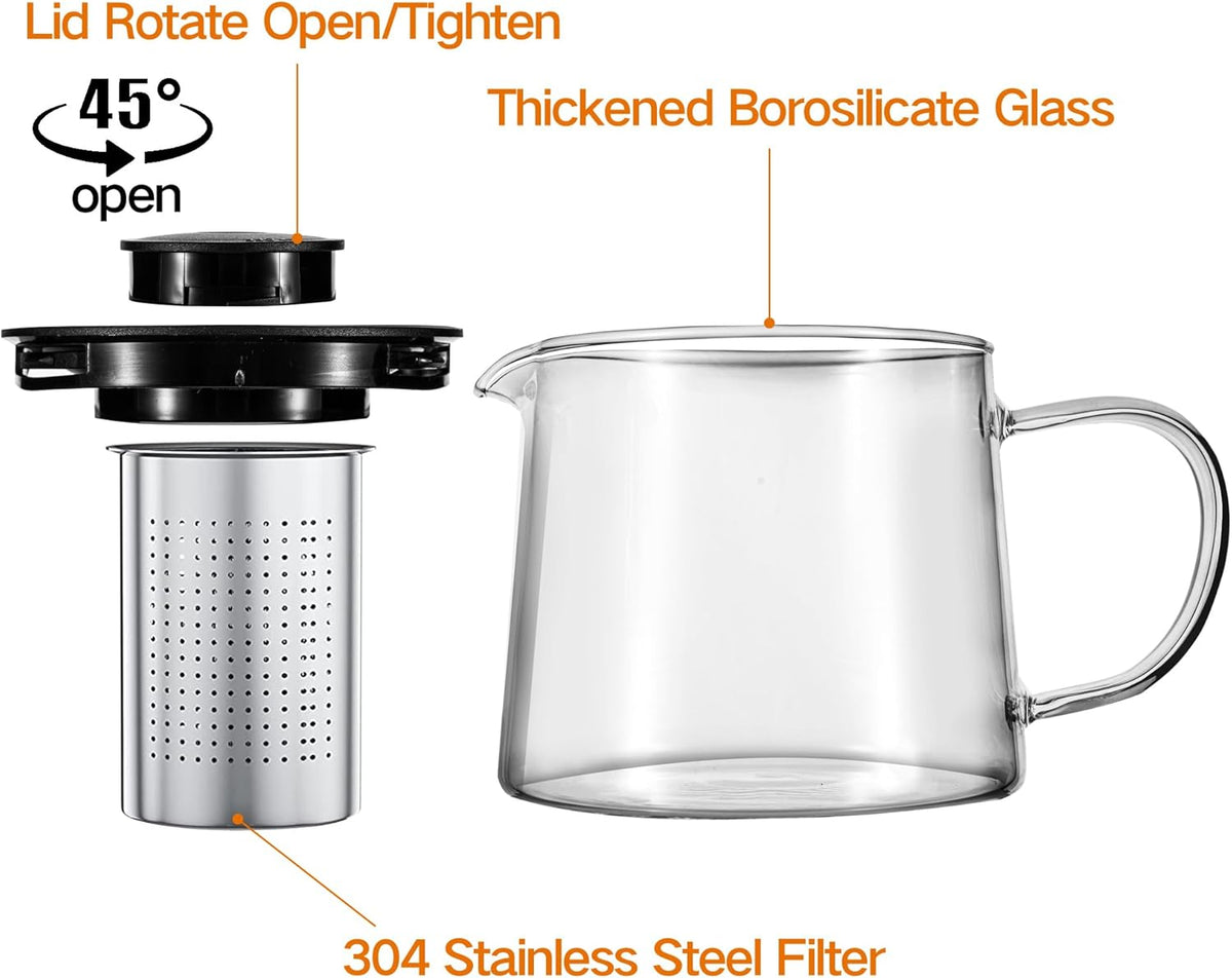 Glass Teapot 34oz/1000ml with 4 Pack Tea Cups Gift Set, Removable Stainless Steel Infuser, Heatproof Borosilicate Glass, Stovetop Safe for Loose and Blooming Leaf Tea