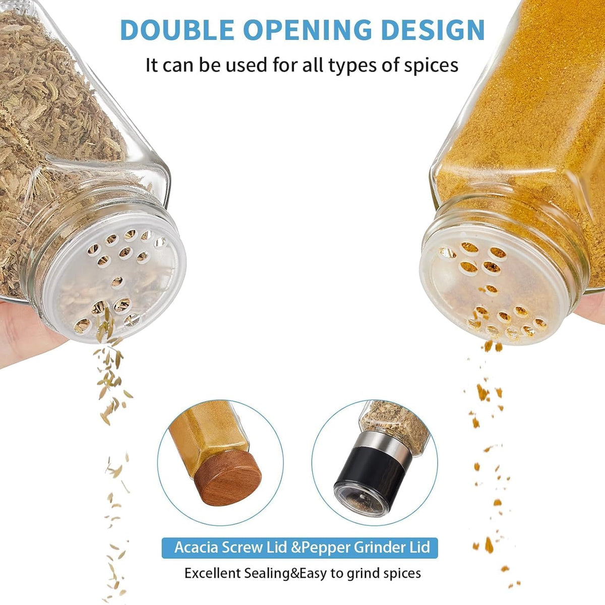 Yangbaga 24Pcs Glass Spice Jars with Labels-4OZ Wood Lid Square Spice Containers with Pepper Grinder Lids &Funnel,Seasoning Jars for Rack Cabinet Drawer