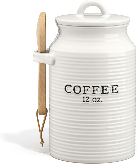 Barnyard Designs Coffee Canister for Kitchen Counter, Decorative Ceramic Coffee Container, Rustic Farmhouse Canister Jar, White (Coffee)