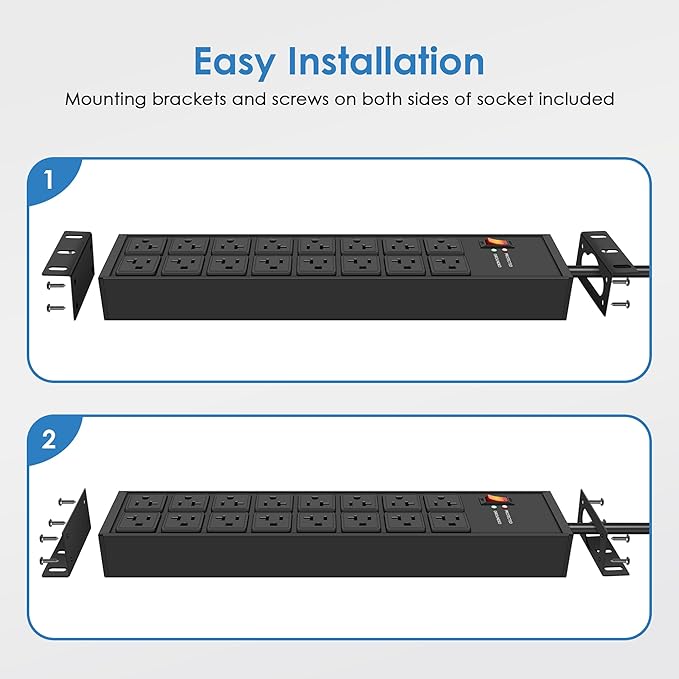 JUNNUJ Heavy Duty 20 Amp Power Strip 4800J, 16 Outlets 12 Gauge Garage Industrial Surge Protector, High Amp 5-15P Adapter Shop 6-20R T-Slot Metal Outlet, 4 FT Extension Cord Commercial for Appliance