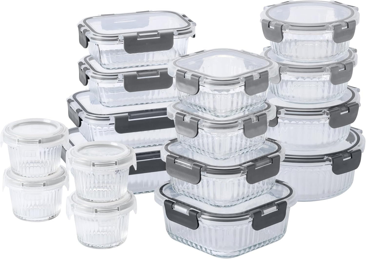 COOK WITH COLOR Premium 32-Pc. Borosilicate Glass Food Container Set with Dividers - 4 Rectangles, 8 Rounds, 4 Squares - Leakproof Lids - Meal Prep, Storage, Fluted Ombre Grey