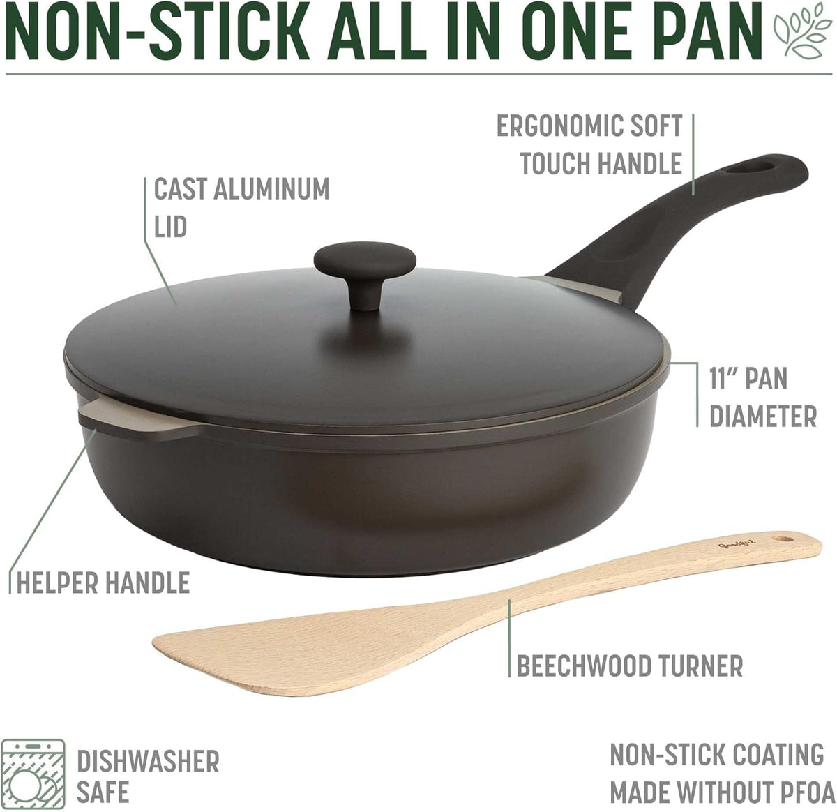 Goodful All-in-One Pan, Multilayer Nonstick, High-Performance Cast Construction, Multipurpose Design Replaces Multiple Pots and Pans, Dishwasher Safe Cookware, 11-Inch, 4.4-Quart Capacity, Graphite