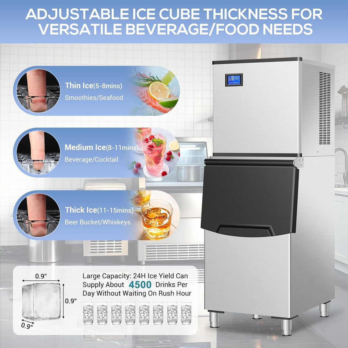 Commercial Ice Maker Machine 560Lbs/24H, Industrial Ice Machine 280 Lbs Storage Bin, 182PCS Clear Ice Cubes in 11 Mins, Freestanding Stainless Steel Ice Maker for Restaurants/Bar/Large Families