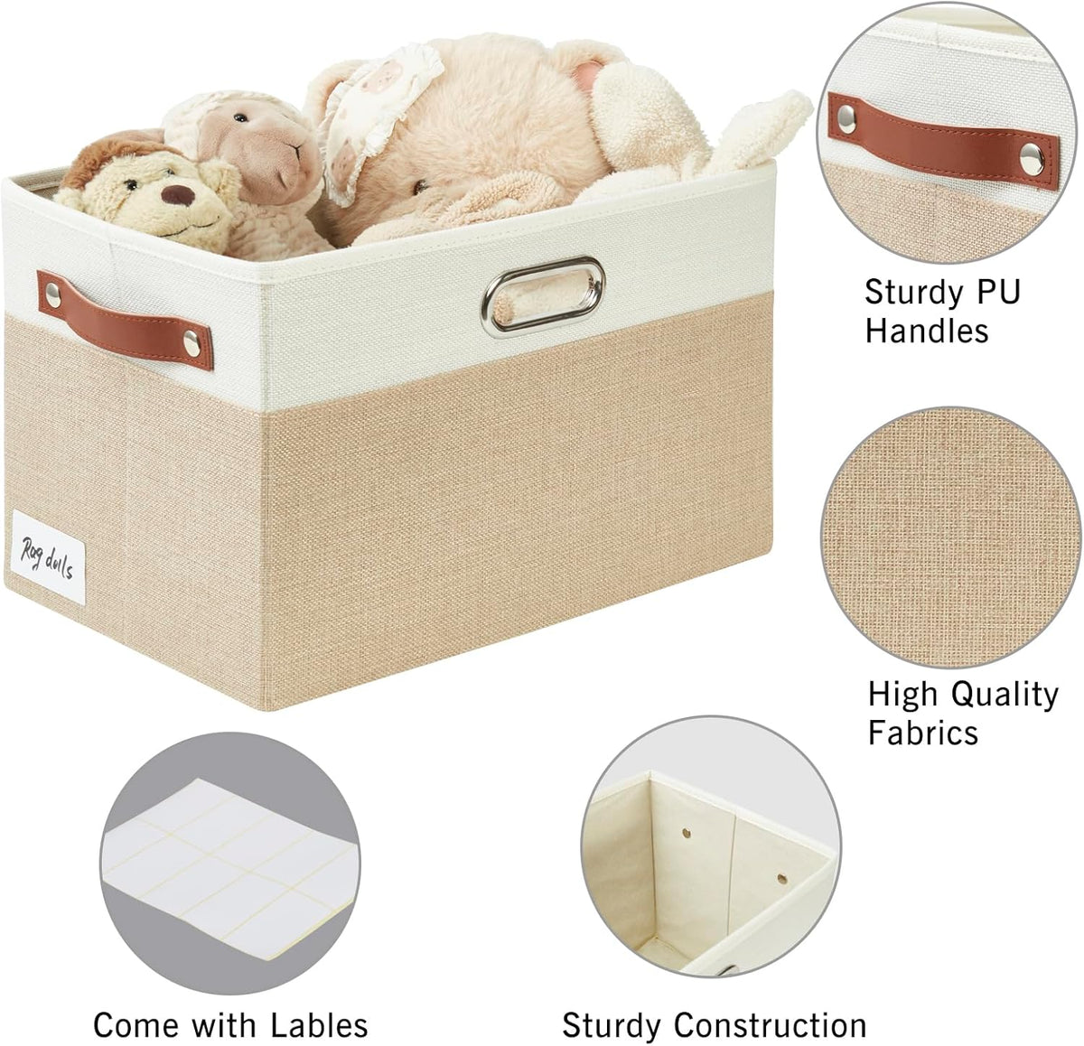 Large Collapsible Fabric Storage Bins with 3 Handles, Foldable Organizer Baskets for Closet, Shelves, Living Room | 3 Pack, Durable PU & Metal Handles (14.9"x9.8"x9.8", Beige & White)