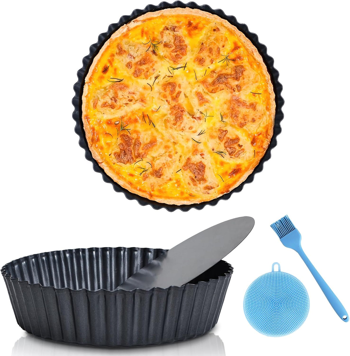 2 Pack 9.5 inches Pie Pan with Removable Bottom for Baking, Deep Quiche Tart Pan Non Stick for Oven, Fluted Pie Dish Plate Tin for Apple, Pot Pies, Cheesecakes and Desserts