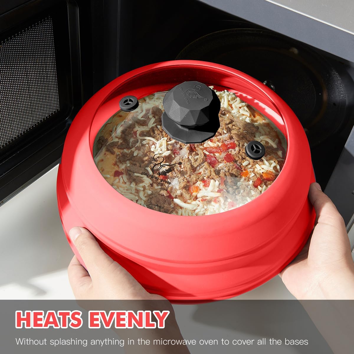Microwave Splatter Cover Vented Glass Splatter Guard Lid with Collapsible Silicone for Food as Pot Cover 11.8 inch Large Plate for 6 7 8 9 10 11 inch Plate Bowl Red