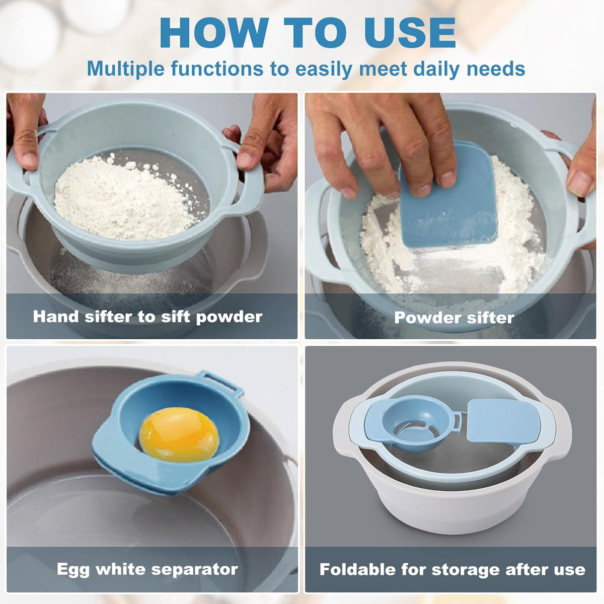 4-in-1 Baking Tools Set, Multifunctional Flour Sifter, Egg Separator, Mixing Bowl & Dough Scraper for Pastry & Cake Making, Send Goods from Local Warehouse