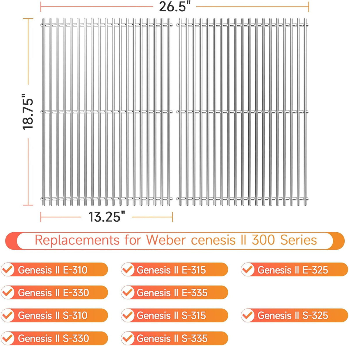 18.75" Stainless Steel Cooking Grates Replacement Parts for Weber Genesis II 300 and Genesis II LX 300 Series Gas Grills, Genesis II E&S 310 315 320 325 340, Cooking Grid for Weber 66095, 2 Pack