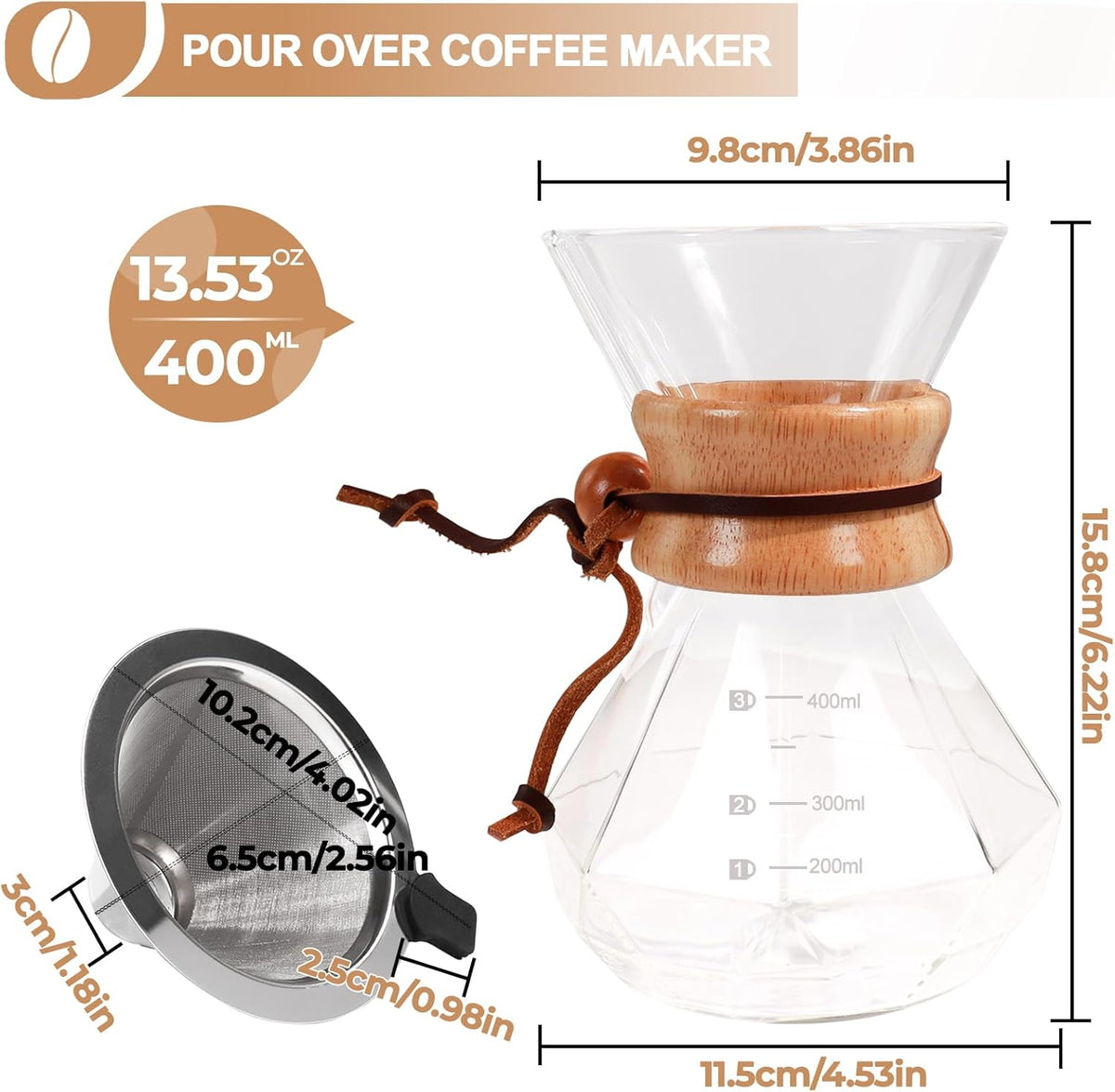 Pour Over Coffee Maker 400ml with 304 Stainless Steel Filter and Wooden Collar Holder Borosilicate Glass Drip Coffeemaker Server Set Clear Hand Brew Dripper Carafe for Home Camping Travel 13.5oz