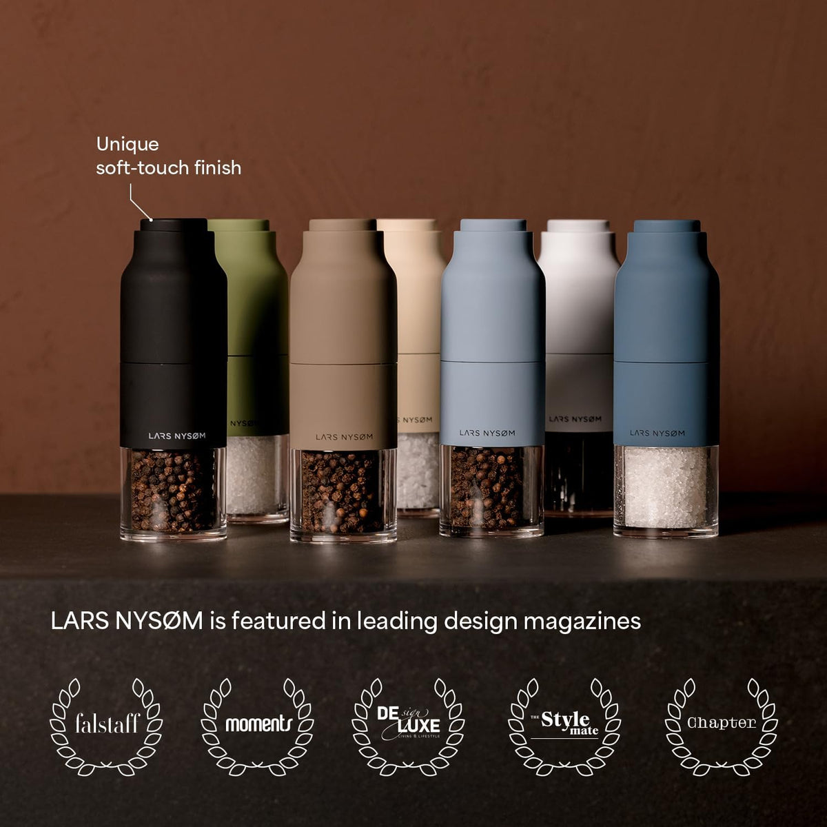 LARS NYSØM Salt and Pepper Grinder Set, Stainless Steel Manual Salt and Pepper Mills, Adjustable Ceramic Grinder, Design Spice Shakers (Stone Blue)