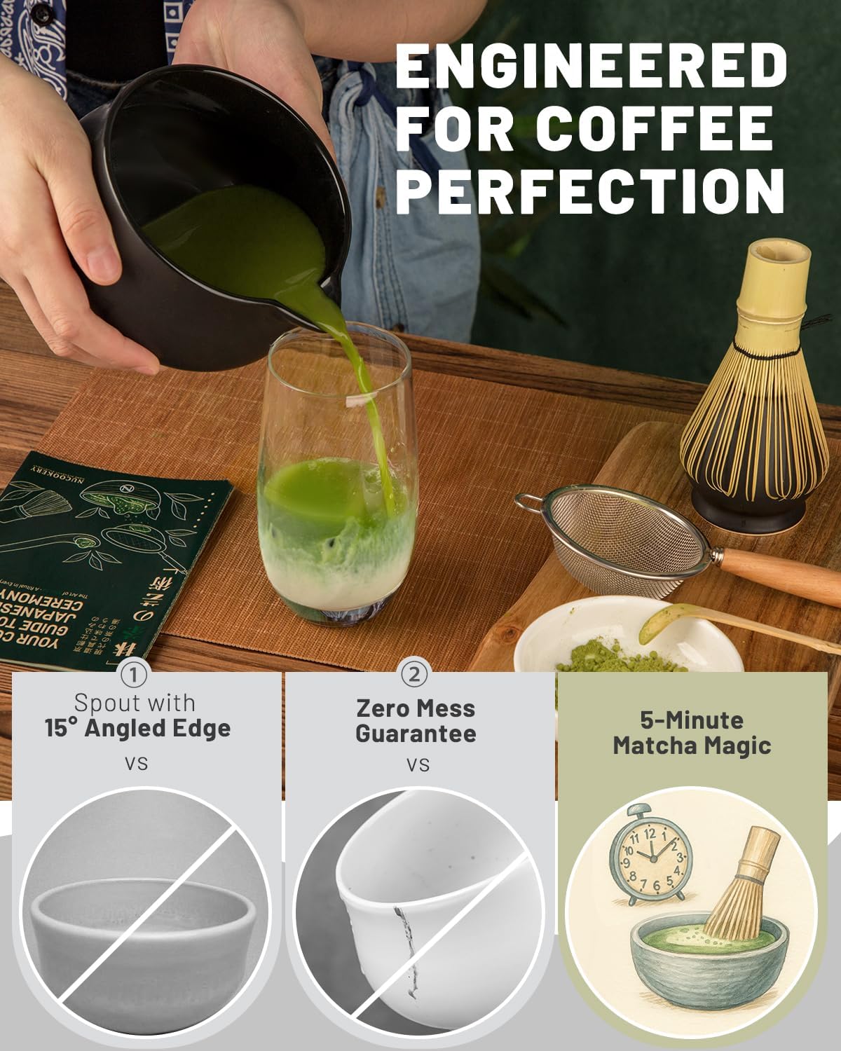 Nucookery Matcha Set - 5PCS Matcha Whisk Set, 18OZ Matcha Bowl (Chawan) with Spout, Matcha Whisk (Chasen) and Holder, Bamboo Matcha Scoop and Sifter, Matcha Kit/Tools/Accessories for Tea Ceremony