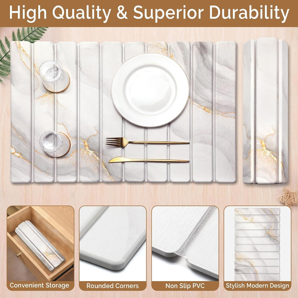 Large Stone Dish Drying Mat for Kitchen Counter,Quick Dry Stone Dishes Mats,Marbled Water Absorbing Diatomaceous Earth Drying Pad for Countertop Bottles Utensils Cups(Yellow White 24"x16"&8"x4")