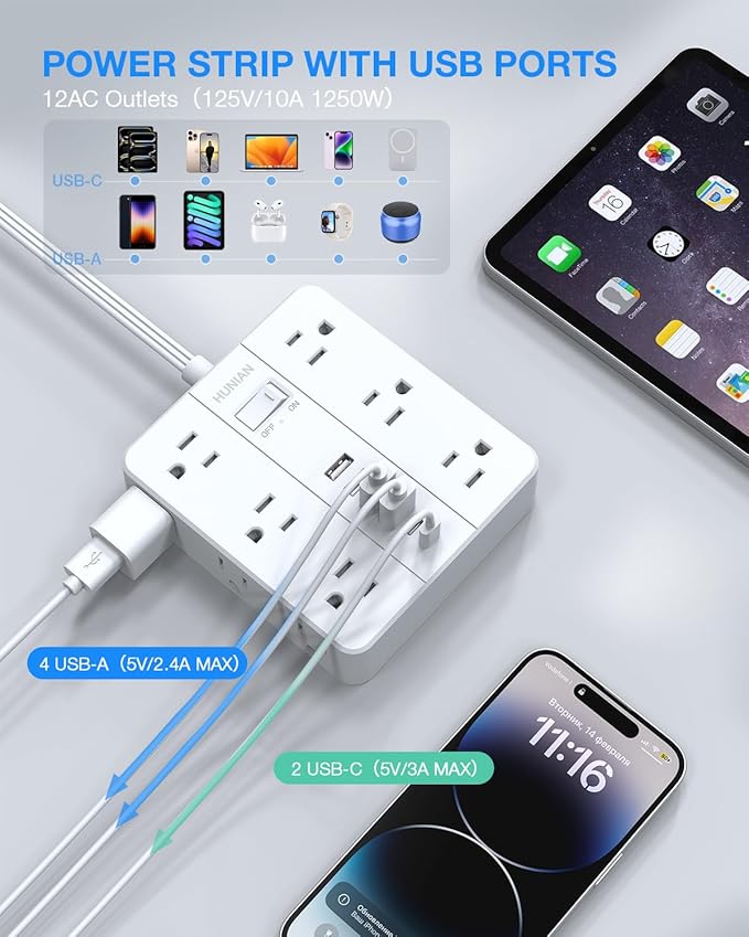 Power Strip with USB Ports, HUNIAN 5Ft Flat Plug Extension Cord Surge Protector, 12 Widely Outlet Extender with 6 USB Charger (2 USB C Ports), Desk Charging Station for Home, Office Supplies