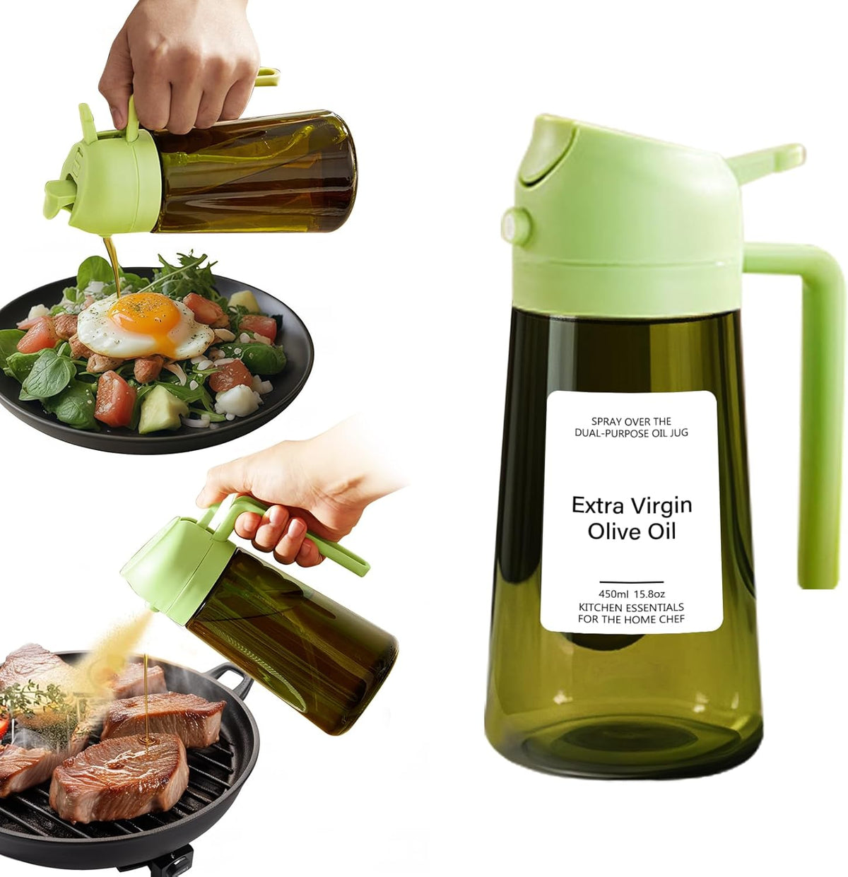 Oil Sprayer for Cooking, Kitchen Goddess 2 in 1 Spray and Pour Olive Oil Dispenser 16oz 450ml Glass Oil Spray Bottle, Mist Olive Oil Dispensing, Air Fryer, Dark Green (green)