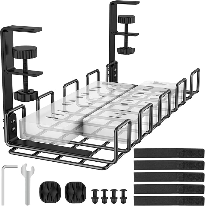REFLYING Under Desk Cable Management Tray, L 15.7'' W 6.3'' No Drill Steel Desk Cable Organizers, Wire Management Tray