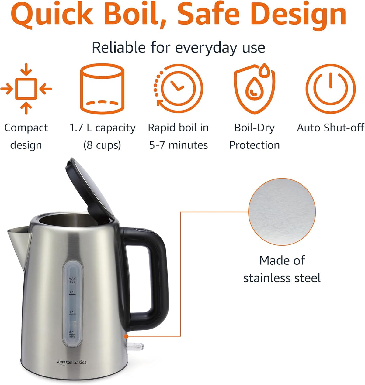 Amazon Basics Electric Stainless Steel Kettle for Tea and Coffee, BPA-Free, Fast Boiling, Auto Shut-Off, 1.8 Quarts, 1500W, Black and Silver