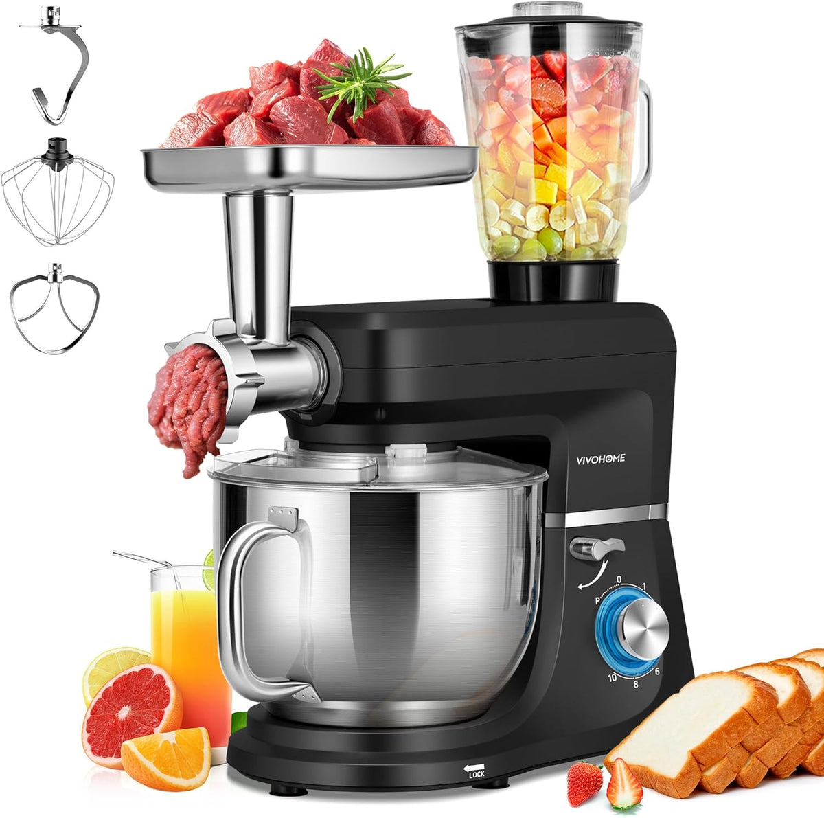 VIVOHOME 6 in 1 Multifunctional Stand Mixer with 8.5 Quart Stainless Steel Bowl, 660W 10 Speed Tilt-Head Meat Grinder, Juice Blender, Vegetable Slicer, Pasta and Cookie Maker, Black