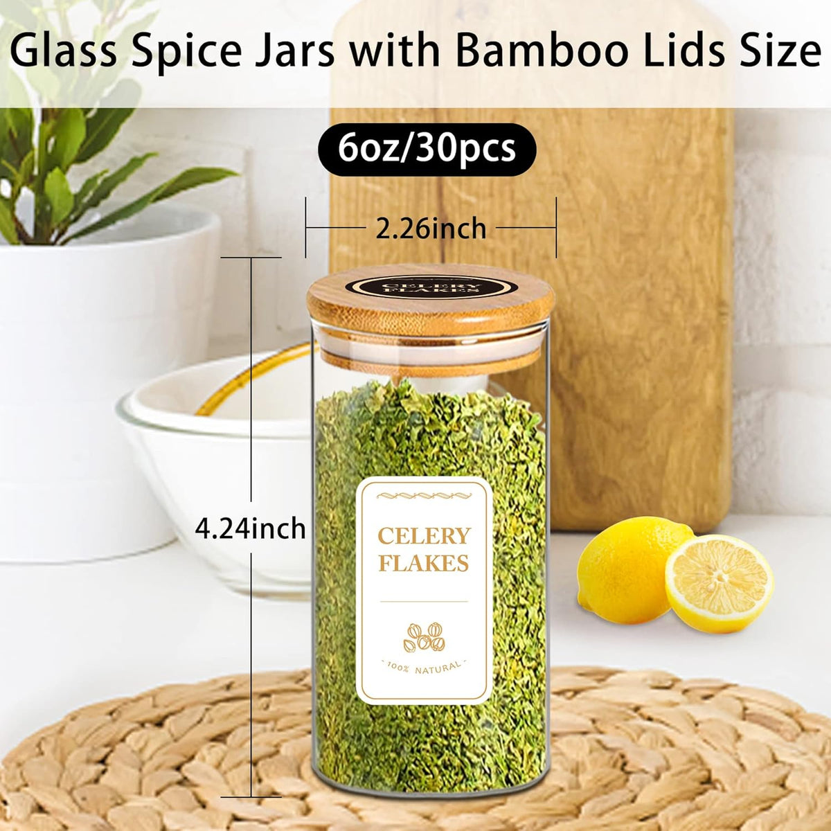 Spice Jars with Labels, 30Pcs 6oz Glass Spice Jars with Bamboo Lids, Minimalist Stackable Airtight Spice Containers with 426 labels for Kitchen Seasoning, Tea, Herbs, Coffee, Sugar,Shells