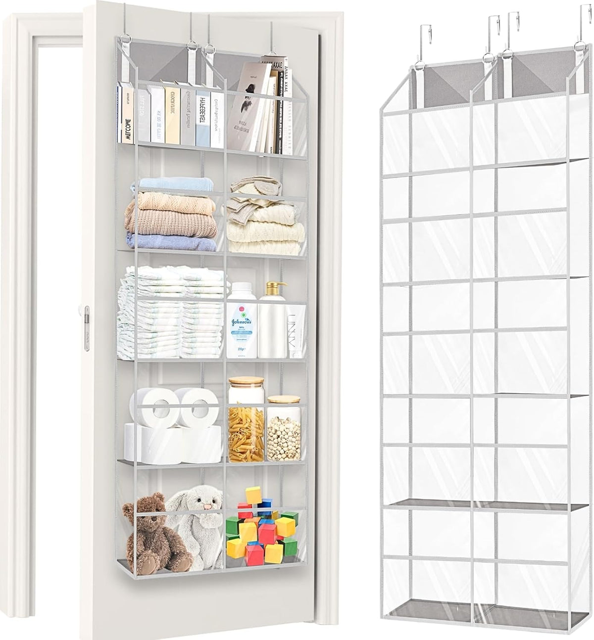 Over the Door Organizer 5 Tiers,Extra Large Behind Door Storage of 10 Compartments,50 lbs Weight Capacity Over the Door Storage, Clear Door Hanging Organizer for Closet, Diaper Organizer