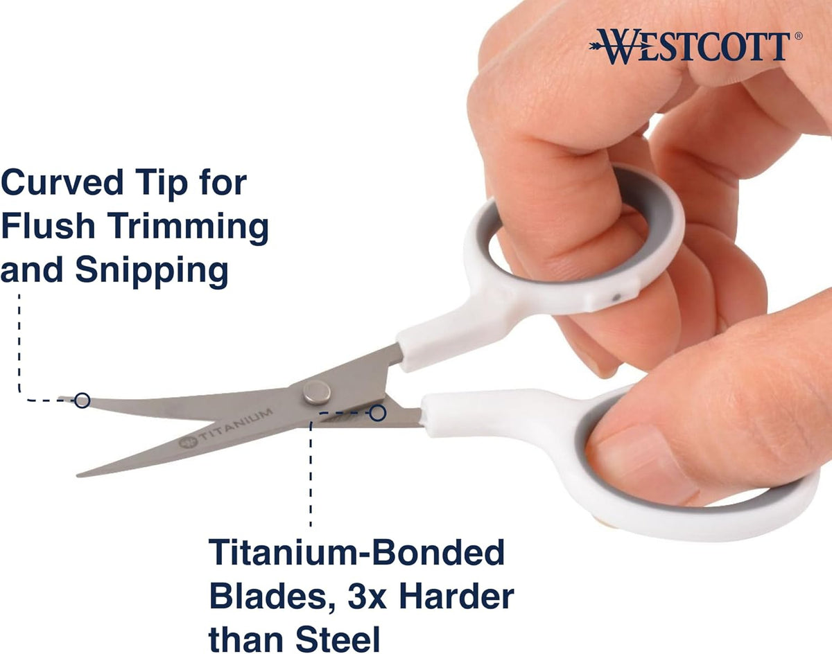 Westcott 4" Embroidery Scissors with Curved Titanium-Bonded Blades for Flush Trimming, Crafting, Sewing & More (White/Gray)