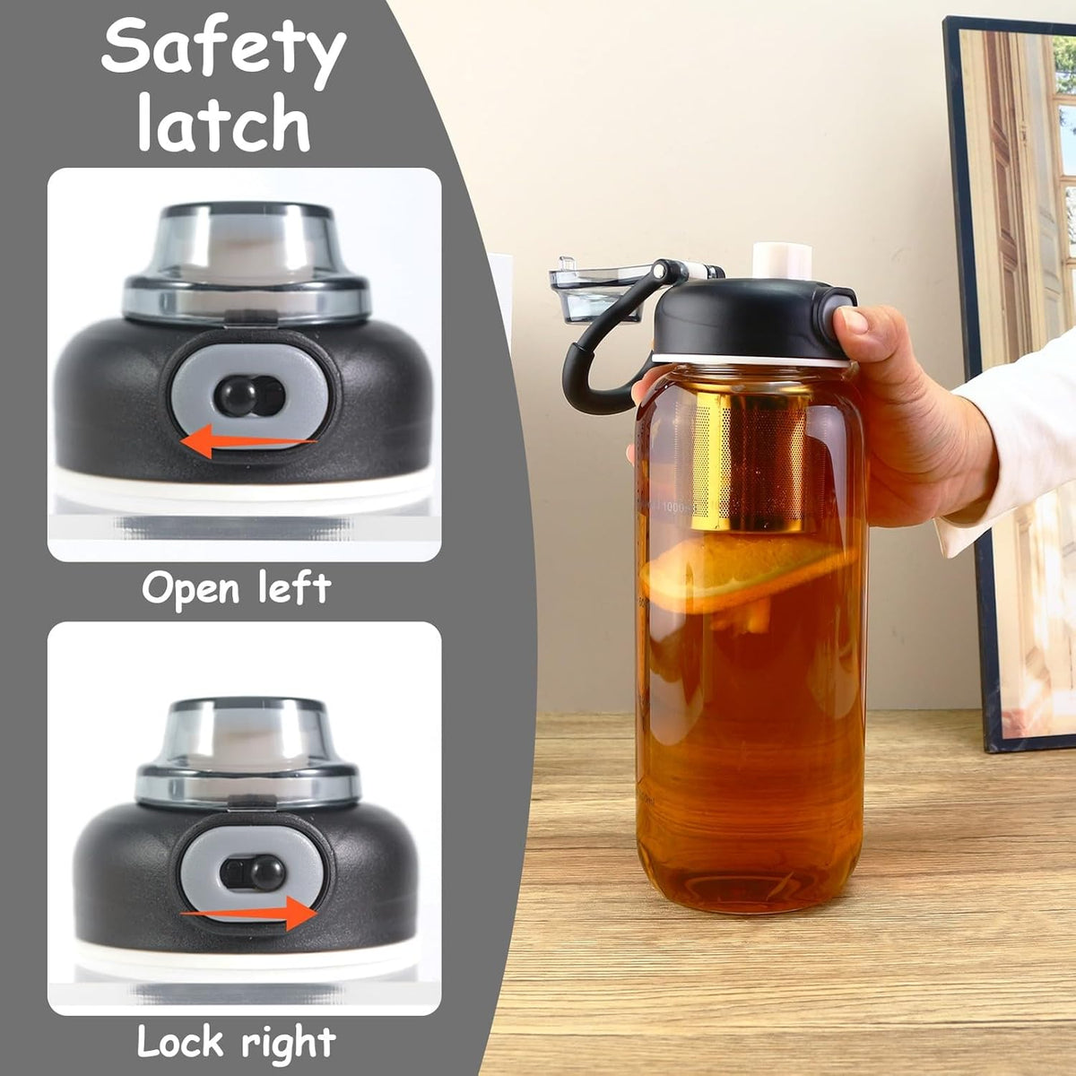 34oz tea bottle with infuser - Large Capacity Glass Water Bottle, With Time Mark, Stainless Steel Tea Strainer,Sleeve, BPA Free,For hot or cold drinks, coffee, tea and water