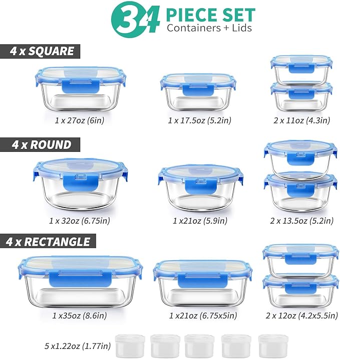34pcs Glass Food Storage Containers with Lids Set, Airtight Glass Meal Prep Containers (17 Containers & 17 Lids), Leak Proof Lunch Containers BPA-Free, Microwave, Oven, Freezer, Dishwasher Safe-Blue