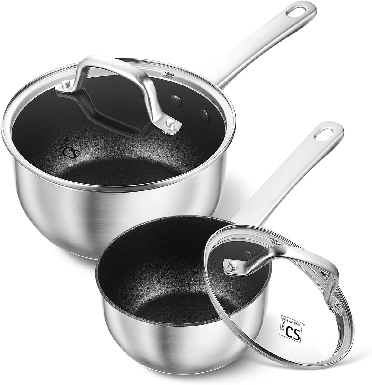KOCH SYSTEME CS Stainless Steel Saucepan Set, 1 Quart & 2 Quart Sauce Pan Sets with Nonstick Coating, Stainless Steel Pot Set, Induction Steel Pots, Easy to Clean, Oven Safe