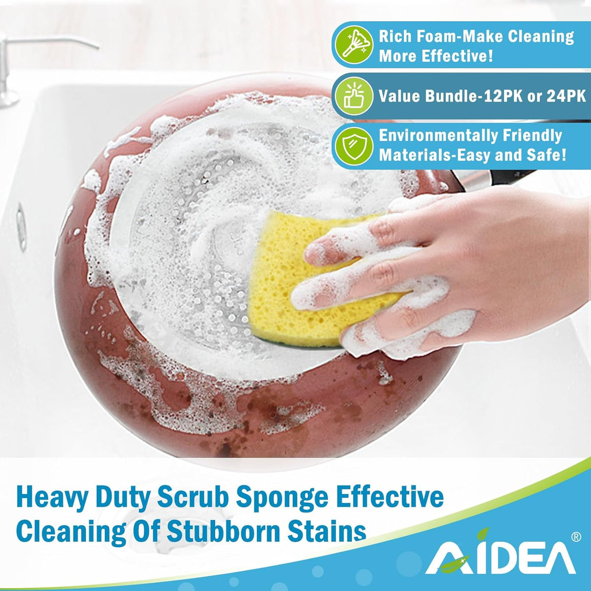 AIDEA Sponges Heavy Duty-12Count, Sponges Kitchen, Sponge for Dishes, Scrubbing Power for Tough Messes, Cleaning Sponge for Everyday Jobs for Dishes, Pots, Pans