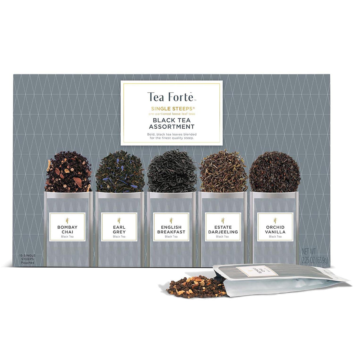 Tea Forte Black Tea Assortment Single Steeps Loose Leaf Premium Tea Gift Set Sampler, 15 Count 3 of Each Assorted Blends, Pre-Portioned Single Serve Pouches, Steeps 12 oz