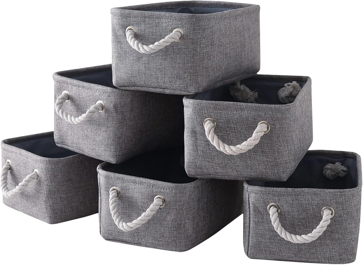 Small Fabric Storage Baskets (6-Pack), Foldable Gift Baskets with Rope Handles for Home & Office Organization