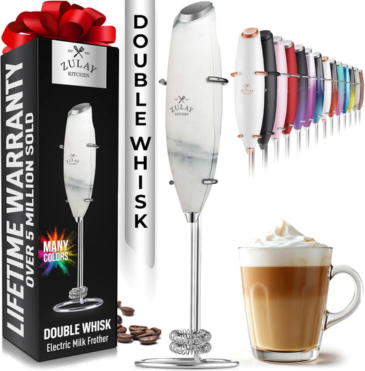 Zulay Kitchen Powerful Double Whisk Milk Frother Handheld - Foam Maker With Stand - Whisk Drink Mixer for Coffee, Mini Foamer for Latte, Matcha, Frappe, Hot Chocolate & Cappuccino (Crystal Quartz)
