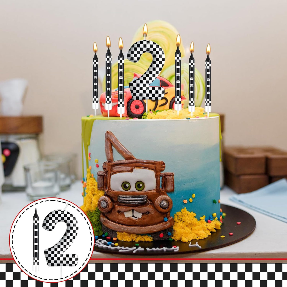13 Pcs Racing Cars Themed Birthday Candles Black and White Race Number 2 Checkered Candle Cake Topper for Racing Car Party Decoration Supplies (Number 2)
